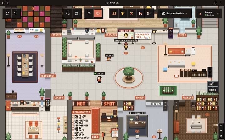 Plano en pixel art de la oficina virtual de HOT SPOT con sus salas y los avatares